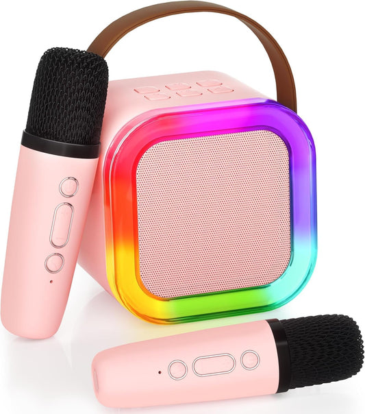 Mini Portable Karaoke Machine- Dual Wireless Microphones and LED Lights, for Ages 4+