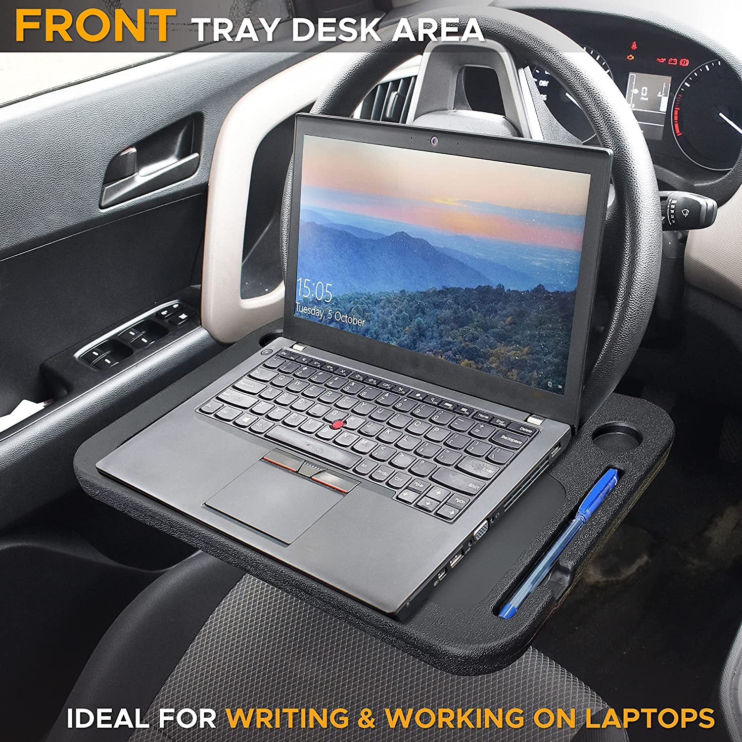 2-in-1 Car Steering Wheel Desk and Tray | Laptop Mount with Pen Holder | Food and Drink Tray for Travel | Versatile Car Accessories
