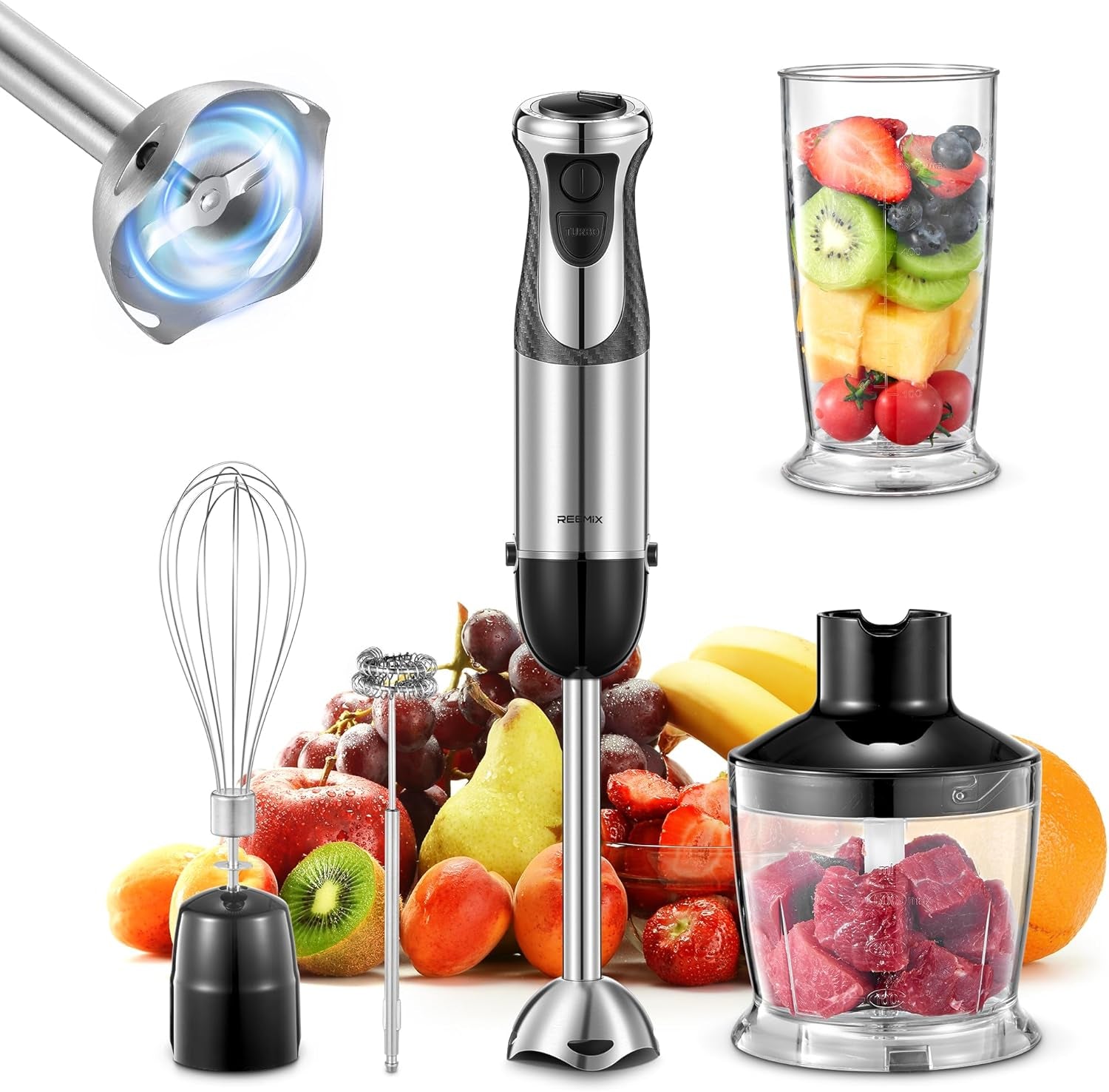 5-in-1 Handheld Immersion Blender, 1000W with Copper Motor and Stainless Steel Blade, Mixing Beaker, Food Processor, Whisk, Milk Frother(Black)