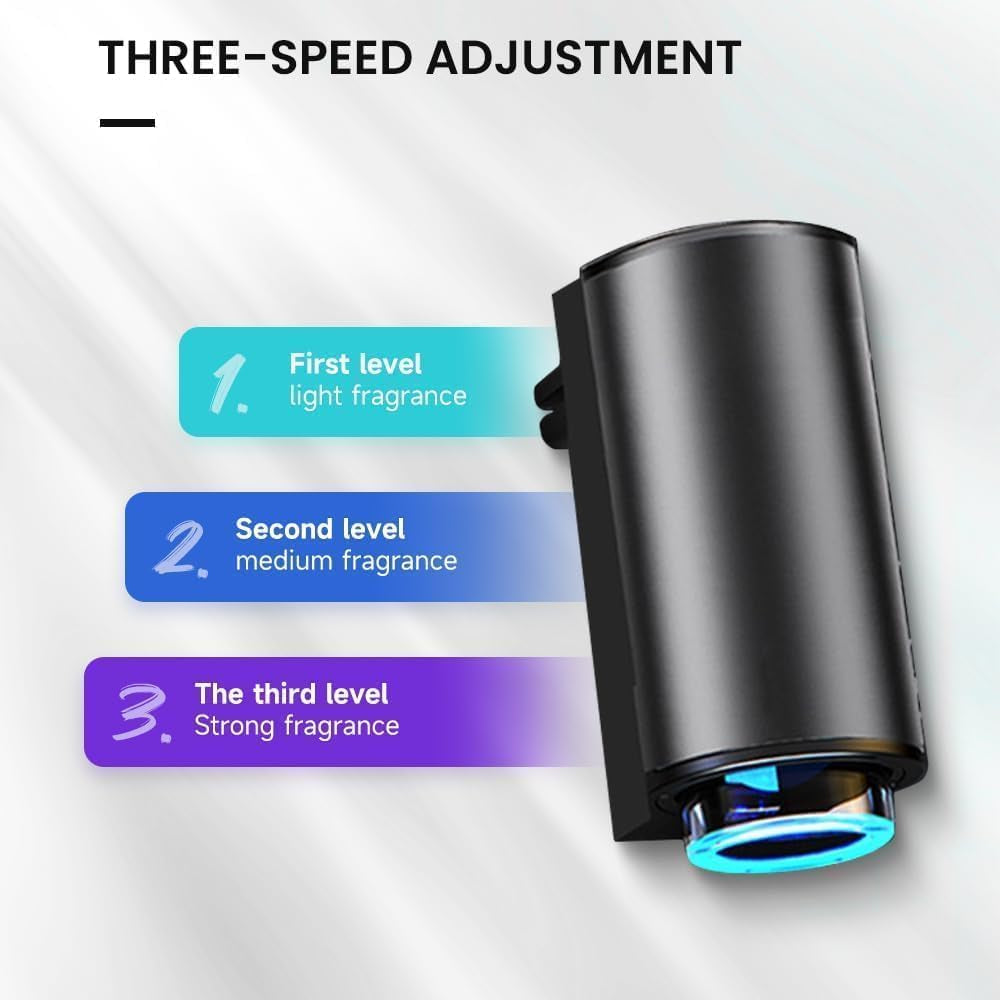 Rechargeable Car Air Freshener Diffuser with Adjustable Aroma Settings and Three Essential Oil Bottles