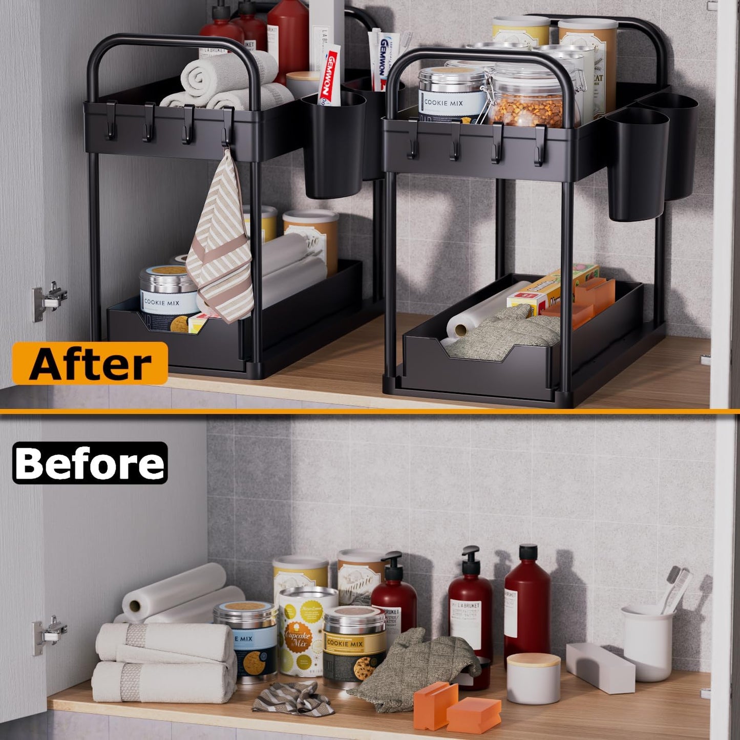2-Pack 2-Tier Under Sink Organizer with Sliding Design, Hooks, and Hanging Cups for Kitchen and Bathroom Storage - Black