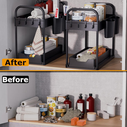 2-Pack 2-Tier Under Sink Organizer with Sliding Design, Hooks, and Hanging Cups for Kitchen and Bathroom Storage - Black