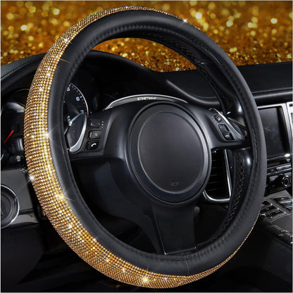 Diamond Pink Leather Steering Wheel Cover - Crystal Rhinestones - Universal Fit 14.5" to 15" - Sparkling Accessory