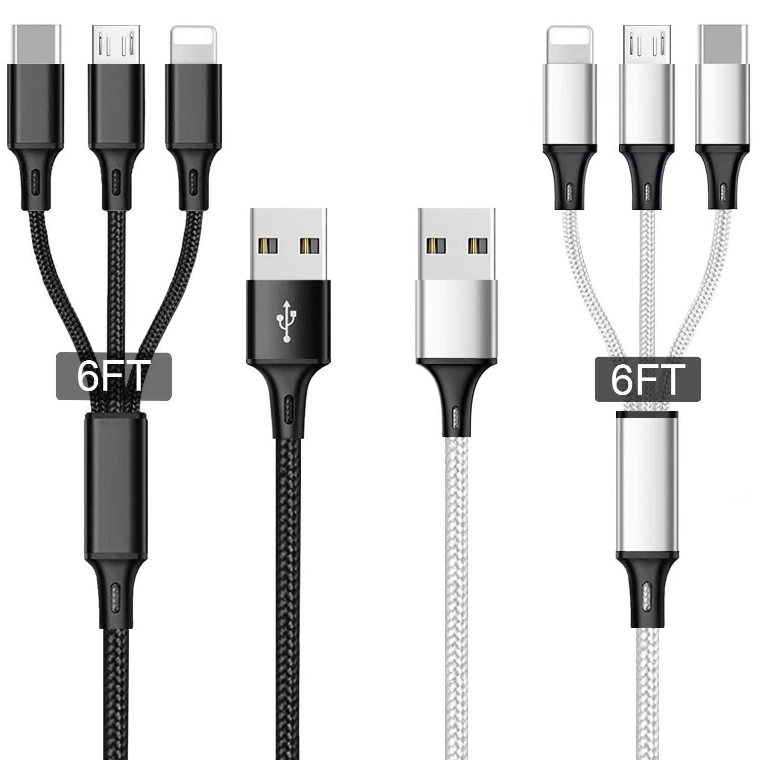 Multi Charging Cable, 4Ft 2Pack Multi Phone Charger Cable Braided Universal 3 in 1 Charging Cord Extra Long Multiple USB Cable with USB C, Micro USB Port Connectors（Red+Black