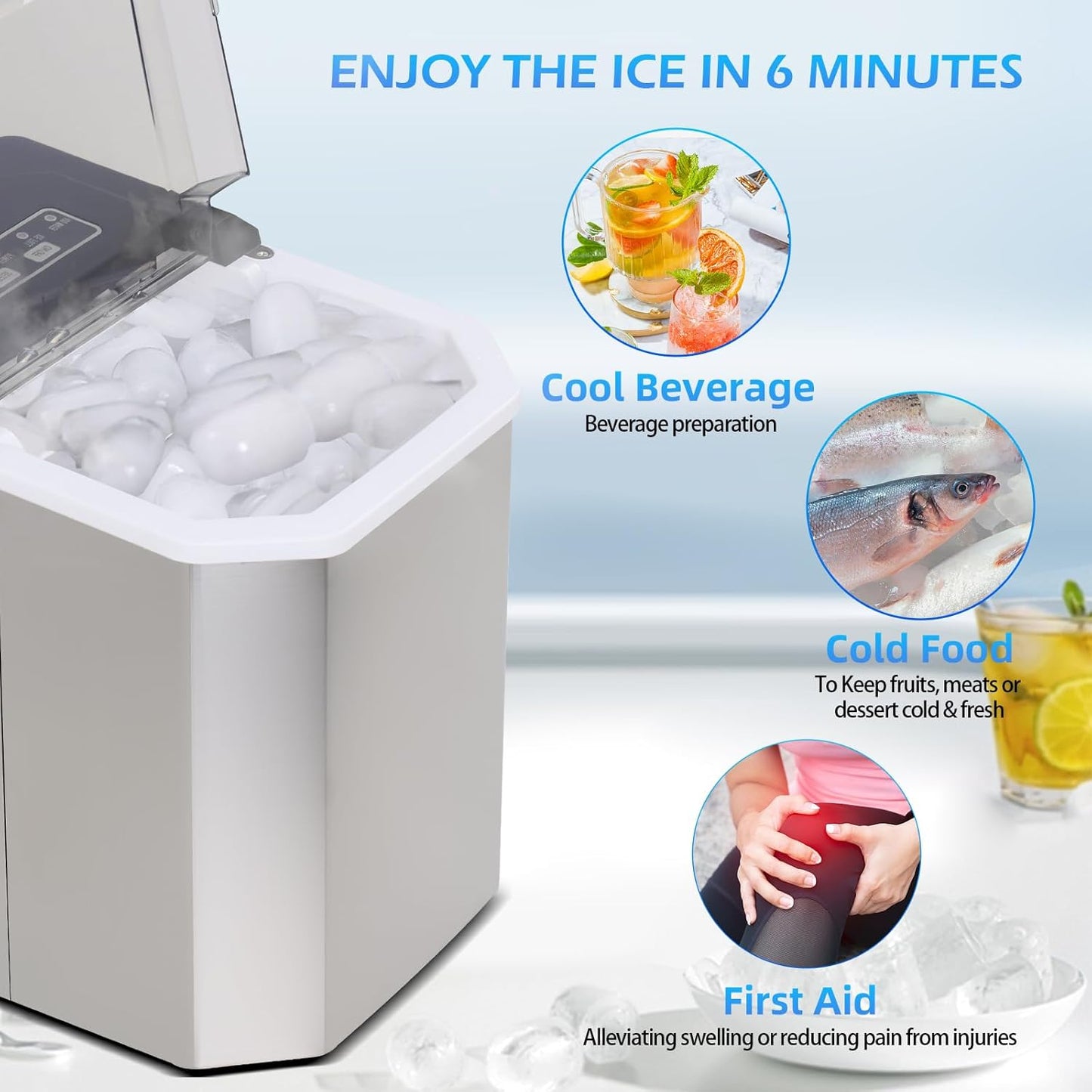 Portable Stainless Steel Countertop Ice Maker - Self-Cleaning, 26 lbs Daily Production, 9 Ice Cubes in 6 Minutes