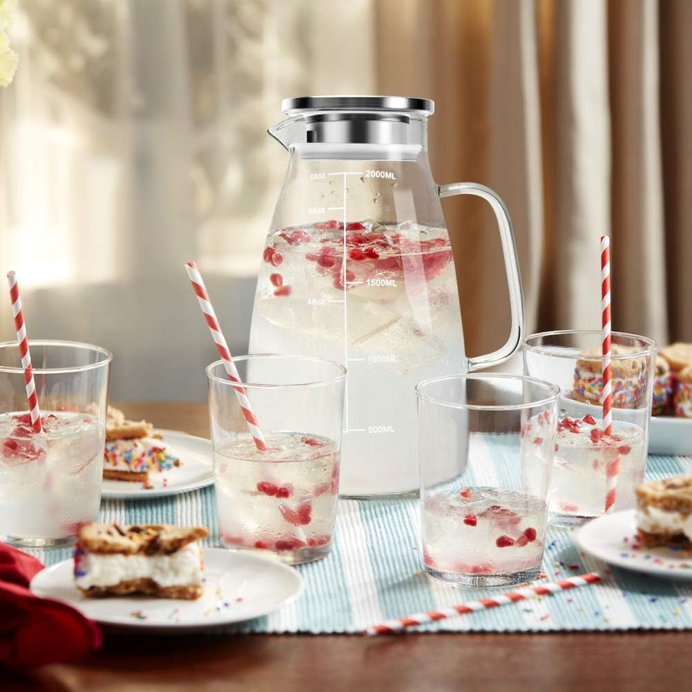 2L Borosilicate Glass Pitcher with Lid and Measurement Scale, Stainless Steel Jug for Hot and Cold Beverages