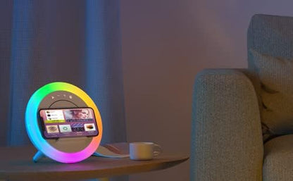 Bluetooth Speaker with LED Lighting and Wireless Charging, Dimmable Multi-Color Modern Night Lamp for Bedroom 