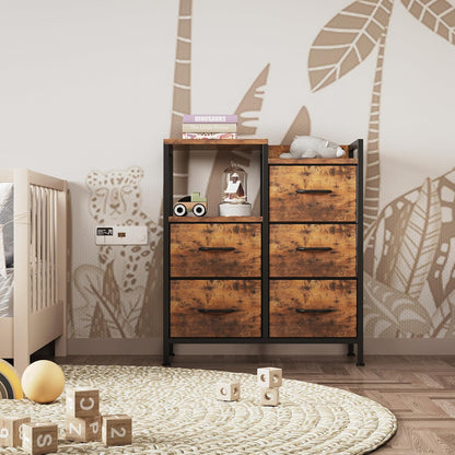 Fabric Dresser for Bedroom, 5 Drawer 3-Tire Dresser, Storage Tower with Fabric Bins, Storage Cabinet for Entryway, Living Room & Closets (Rustic Brown)