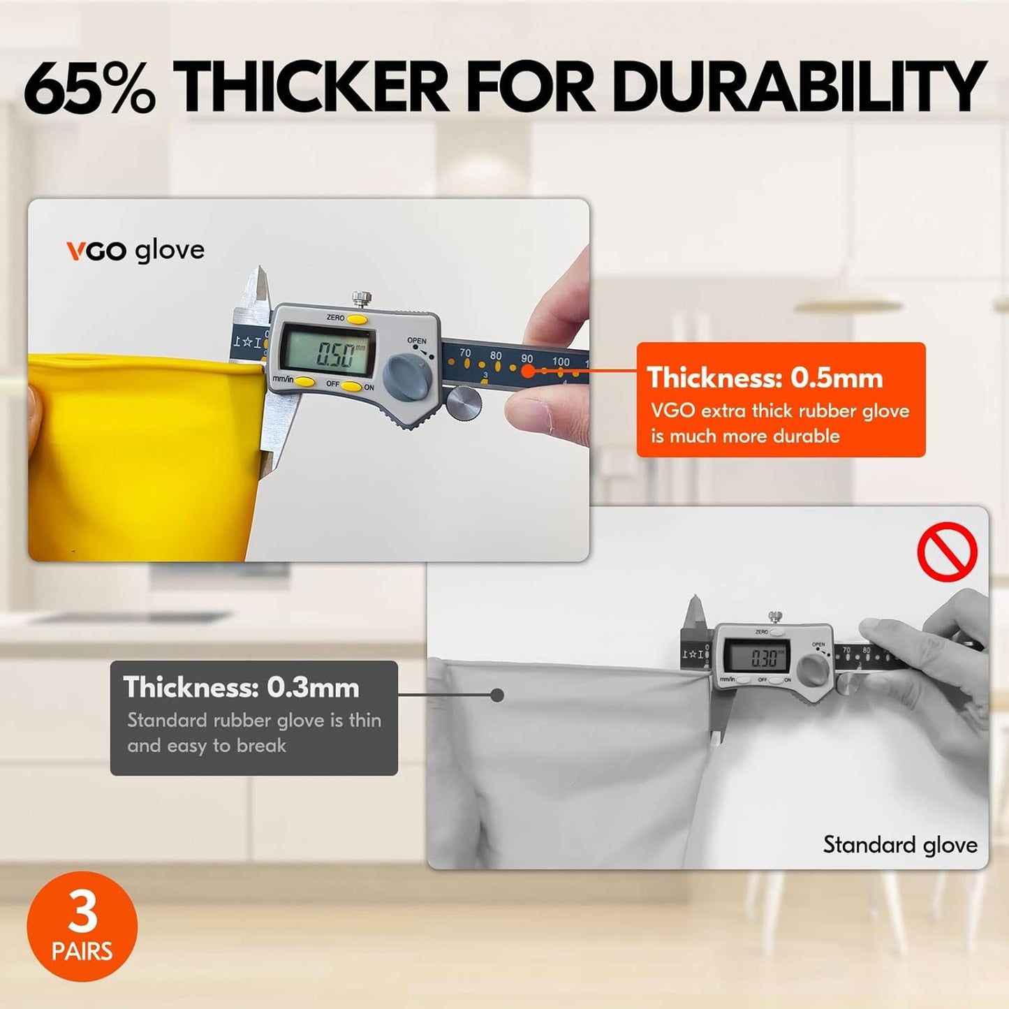 Vgo 3 Pairs of Reusable Rubber Dishwashing and Kitchen Cleaning Gloves (Medium, Yellow, Model Hh4601)