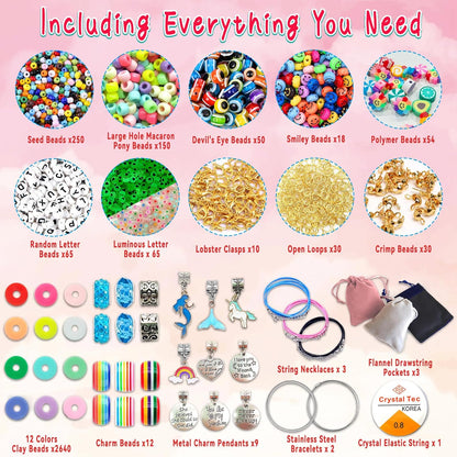 Girls' Bracelet Making Kit - 3400 Pieces of Beads for Charm Jewelry Creation, Unicorn and Mermaid Craft Supplies, Ideal Ages 5+