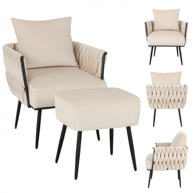 Contemporary Dutch Velvet Accent Chair and Ottoman Set with Woven Back and Armrests