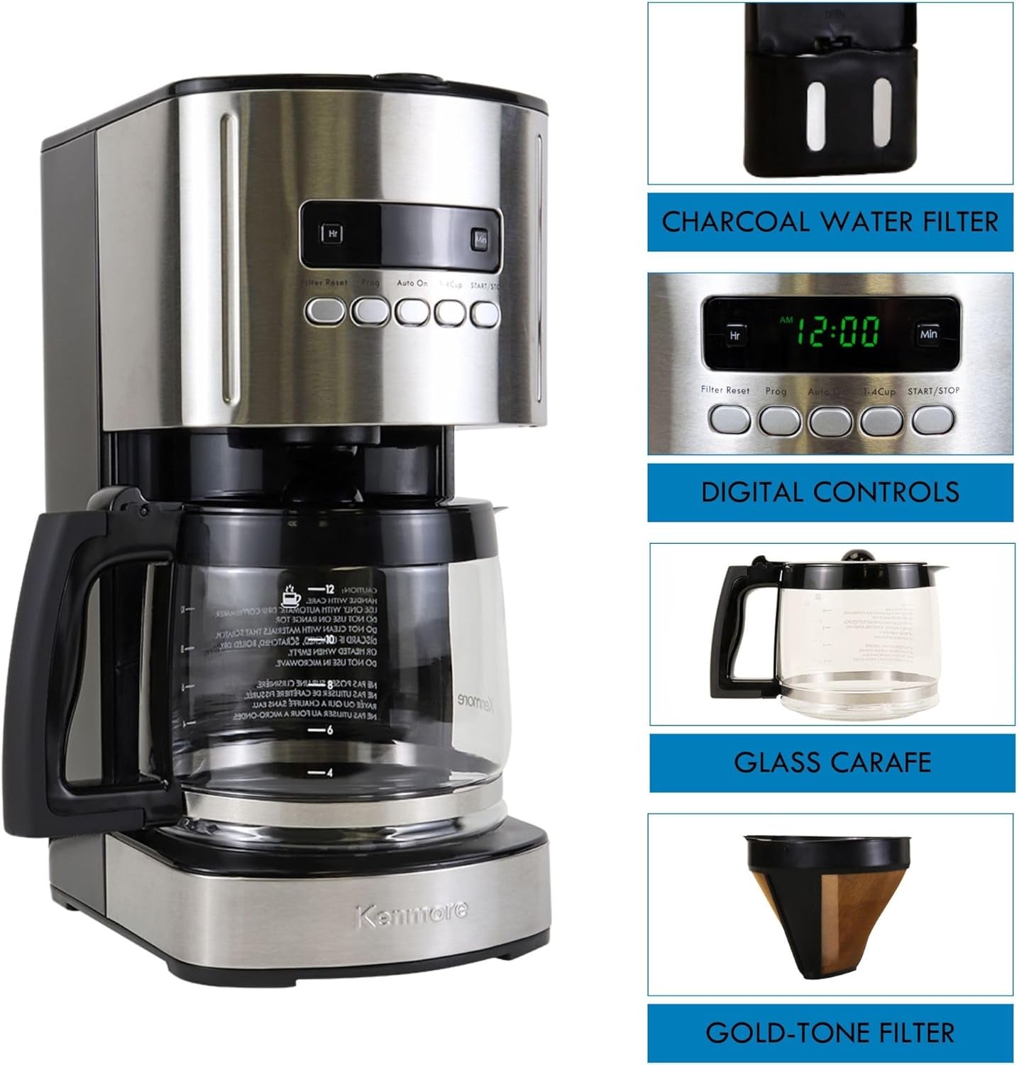 Kenmore Coffee Maker 12 Cup Drip Coffee Machine Reusable Filter Programmable Timer Digital Display Aroma Control Glass Carafe Charcoal Water Filter Regular Bold Stainless Steel and Black