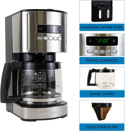 Kenmore Coffee Maker 12 Cup Drip Coffee Machine Reusable Filter Programmable Timer Digital Display Aroma Control Glass Carafe Charcoal Water Filter Regular Bold Stainless Steel and Black