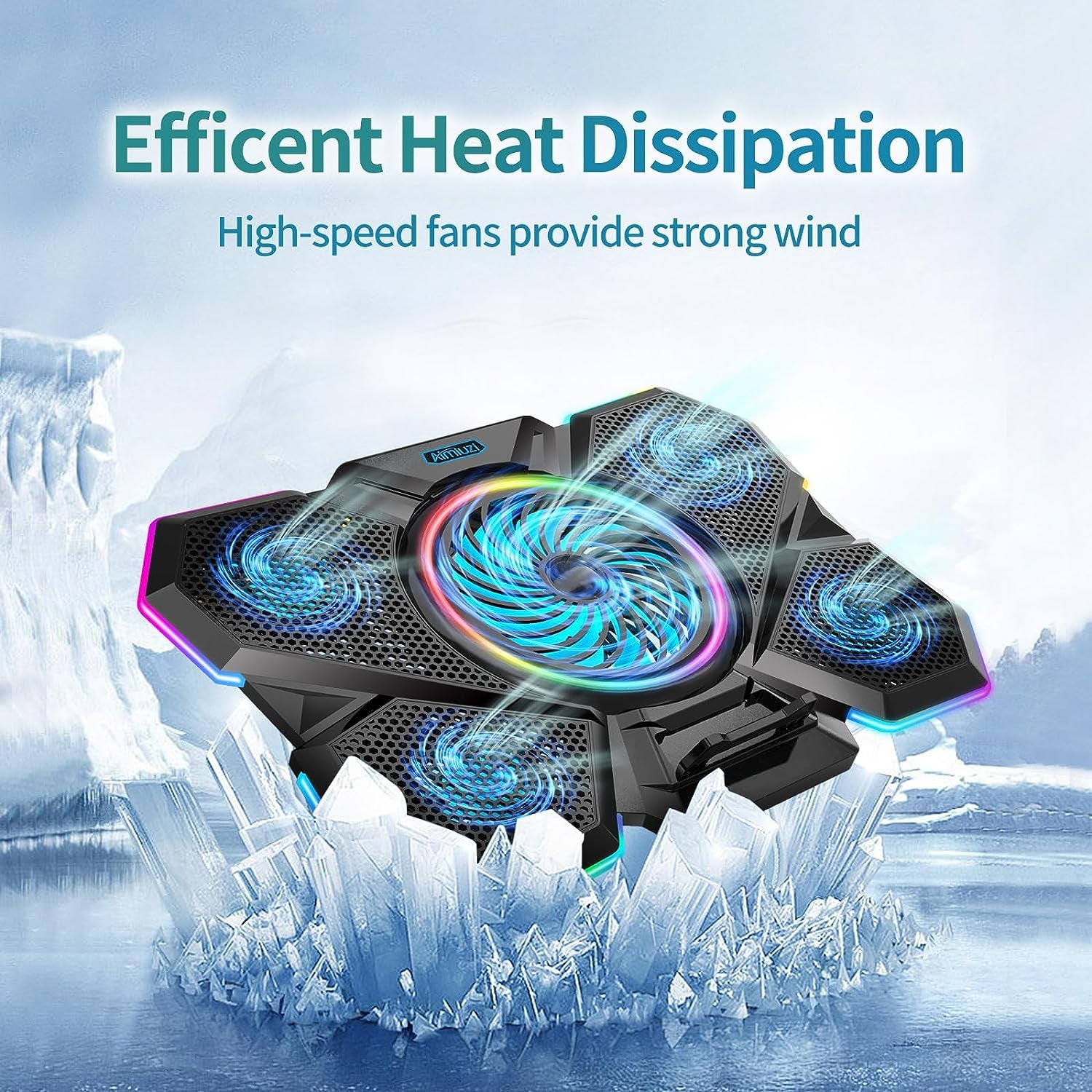 Laptop Cooling Pad for Gaming, Featuring 5 Silent Fans and LED Lighting, Compatible with 12-17 Inch Laptops, 7 Adjustable Height Settings