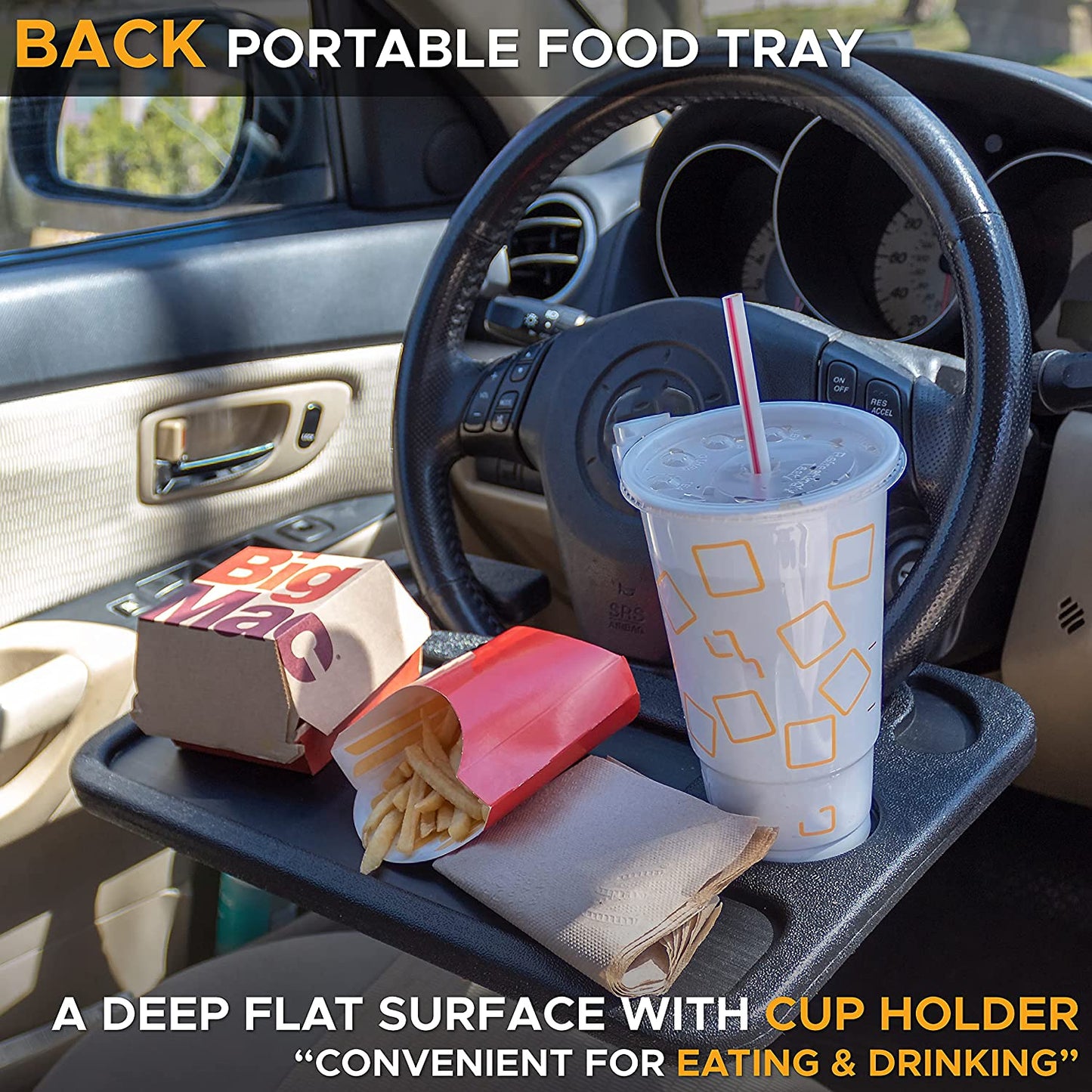 2-in-1 Car Steering Wheel Desk and Tray | Laptop Mount with Pen Holder | Food and Drink Tray for Travel | Versatile Car Accessories
