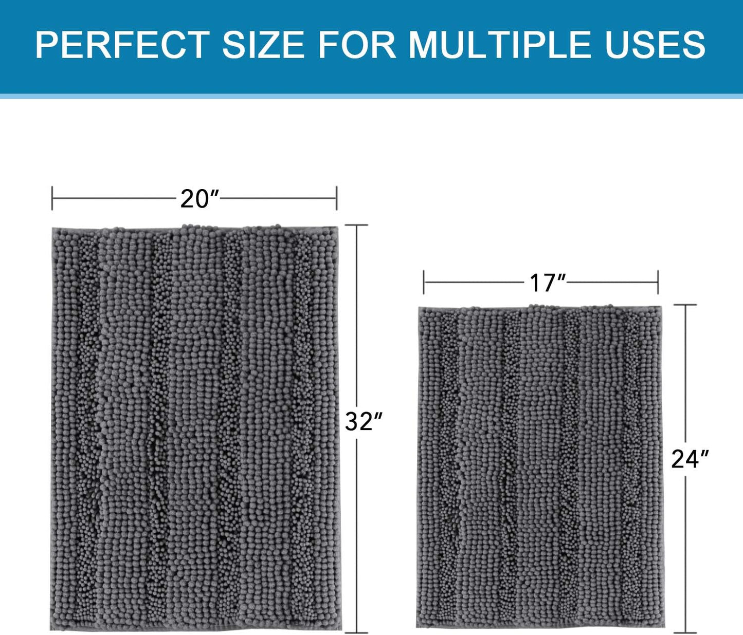 Set of 2 Striped Anti-Slip Bath Mats - Soft Plush Chenille Shaggy Floor Mats  - Water Absorbent (Grey, 32 x 20 & 24 x 17 Inches)