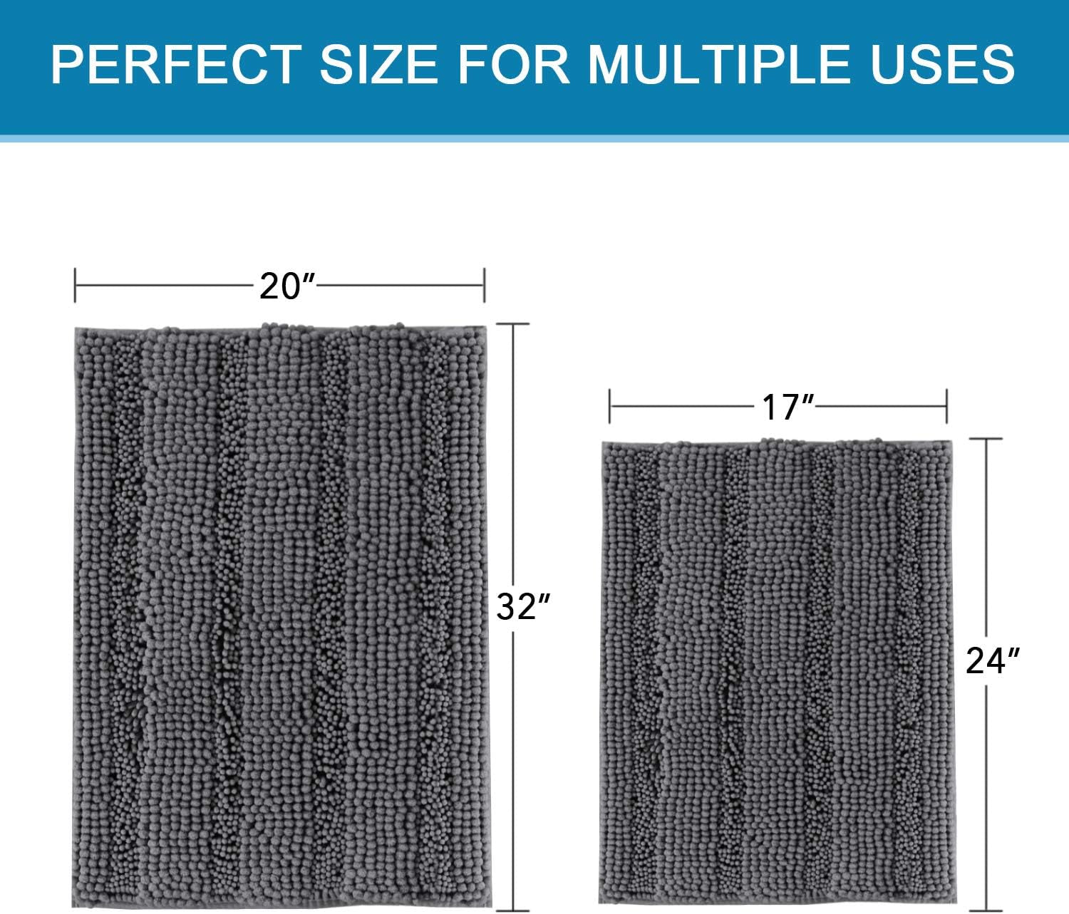 Set of 2 Striped Anti-Slip Bath Mats - Soft Plush Chenille Shaggy Floor Mats  - Water Absorbent (Grey, 32 x 20 & 24 x 17 Inches)