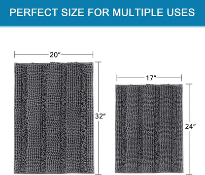 Set of 2 Striped Anti-Slip Bath Mats - Soft Plush Chenille Shaggy Floor Mats  - Water Absorbent (Grey, 32 x 20 & 24 x 17 Inches)