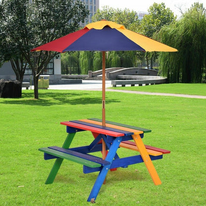 Outdoor Children's Picnic Table Bench Set with Removable Umbrella for Four Seats