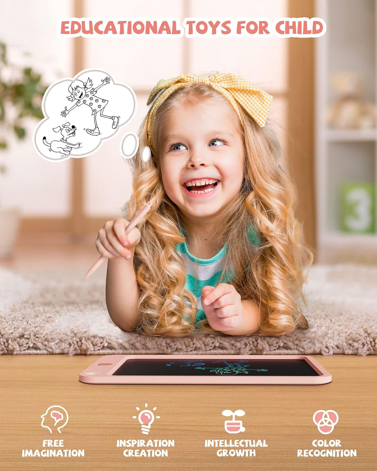Colorful Doodle Board Drawing Tablet- Children, Memo Board and Drawing Pad-Lanyard, Educational Travel Toy Ages 3+ (Pink)
