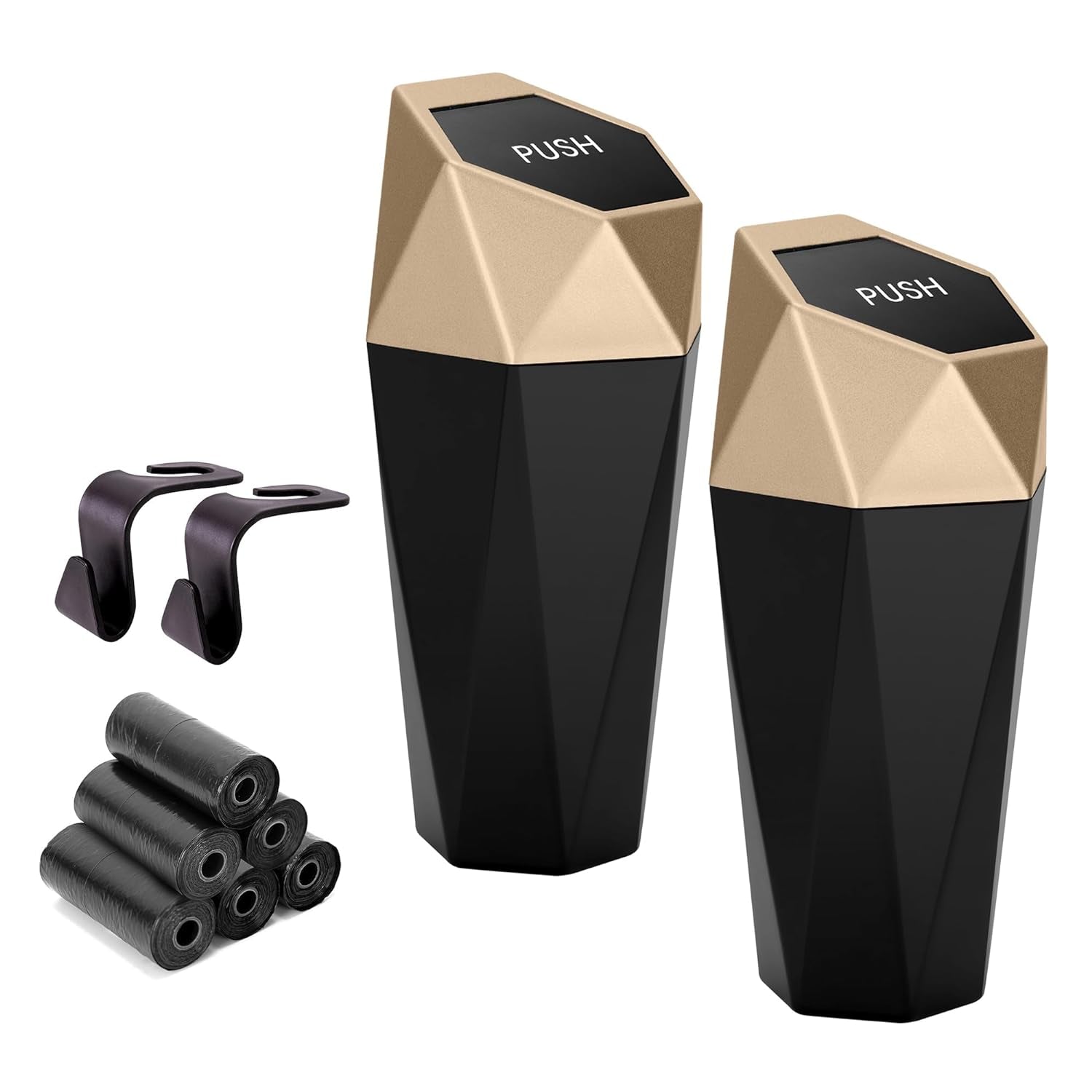 Car Trash Can with Lid - Set of 2 Mini Cup Holder Trash Bins, Leakproof, Includes 2 Hooks and 90 Trash Bags - Black