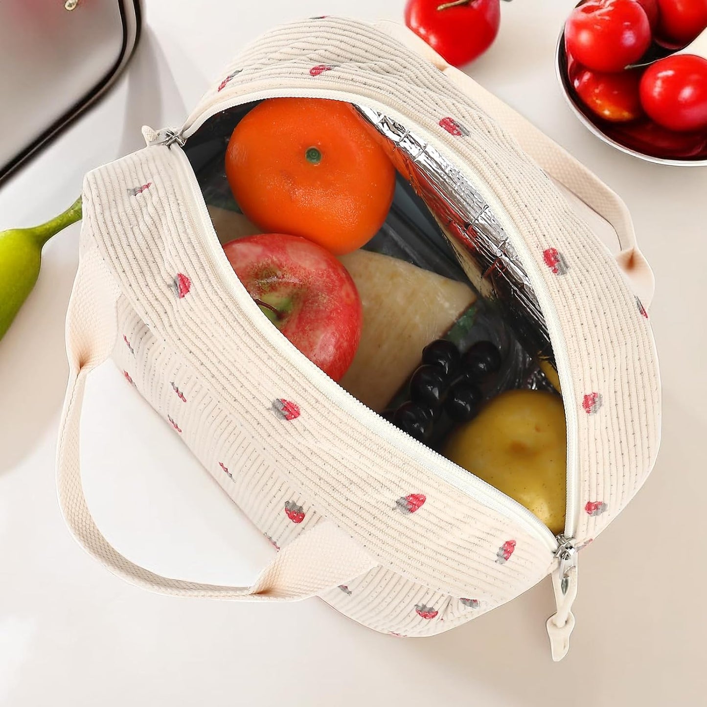 Corduroy Insulated Lunch Tote Bag for Men and Women - Reusable Large Capacity Cooler for Work, Picnics, and Travel (Strawberry Design)