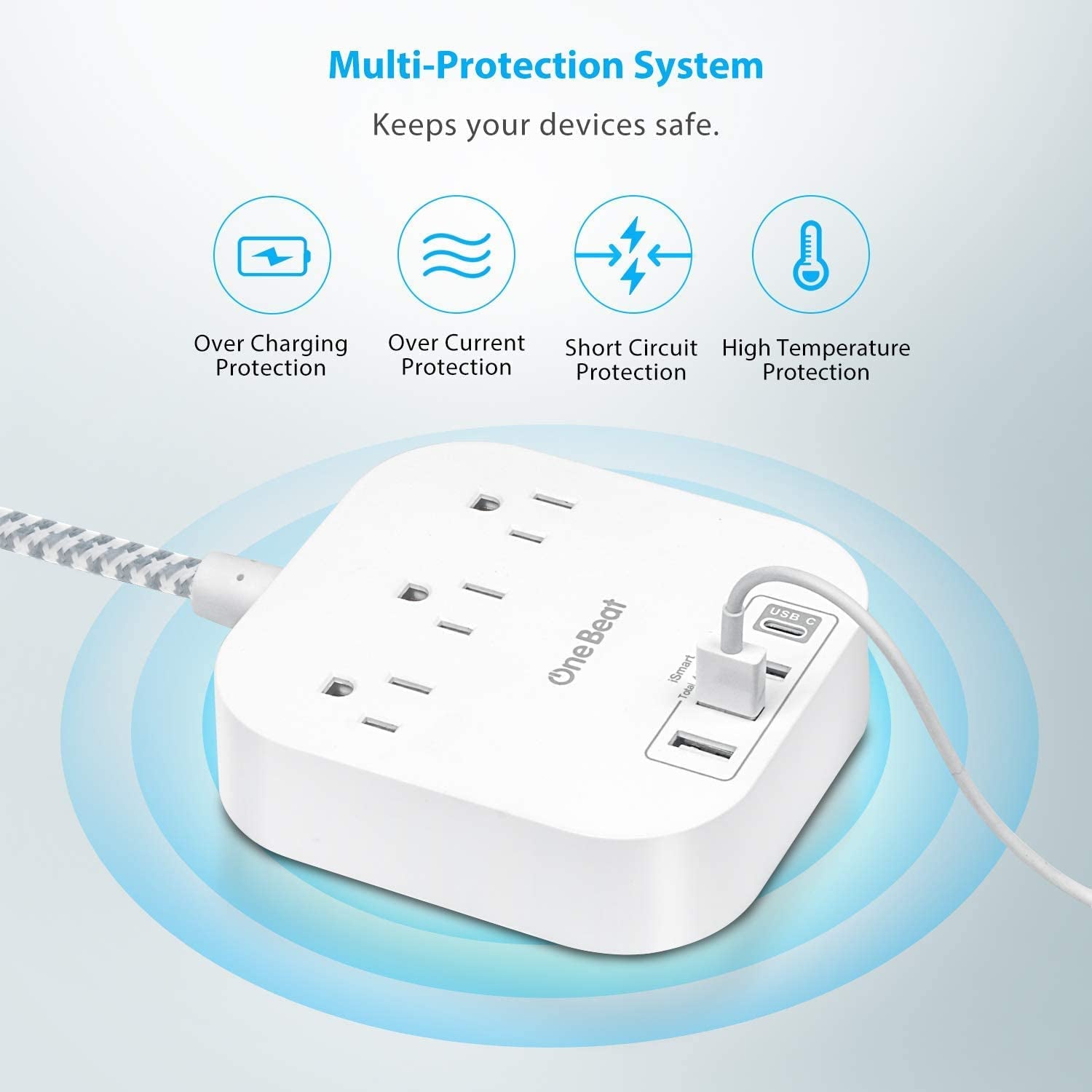 Power Bar Power Strip with USB-C, 3 Outlets and 4 USB Ports, Flat Plug Braided Extension Cord, Non-Surge Protector for Travel and Cruise Ships (5FT)