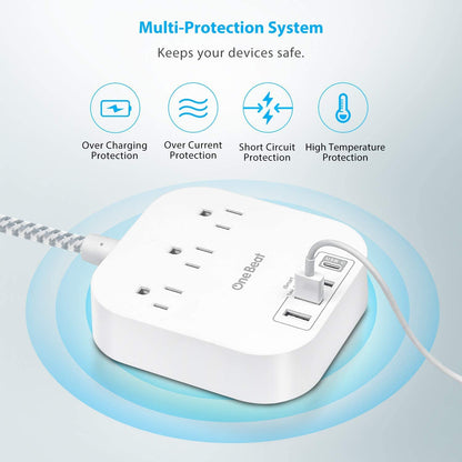 Power Bar Power Strip with USB-C, 3 Outlets and 4 USB Ports, Flat Plug Braided Extension Cord, Non-Surge Protector for Travel and Cruise Ships (5FT)