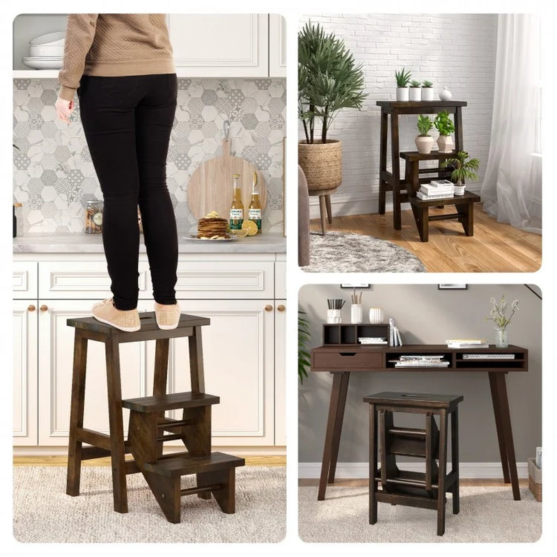 Multi-Functional Rubber Wood Step Stool with Ergonomic Handle