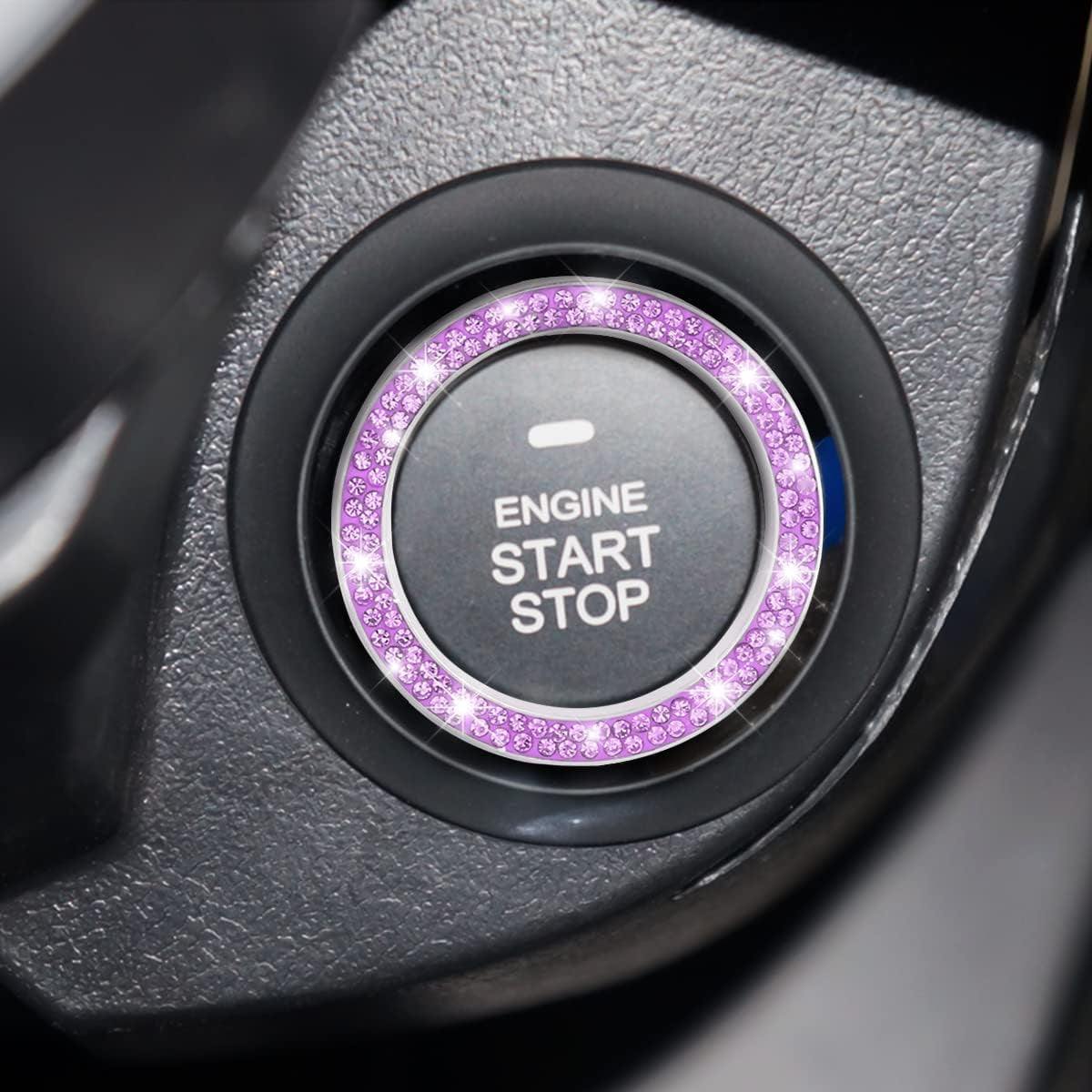 Crystal Rhinestone Engine Start Ring Decals - 2 Pack Push Start Button Covers, Key Ignition Knob Accessories, Sparkling Car Interior Decor for Women (Purple)