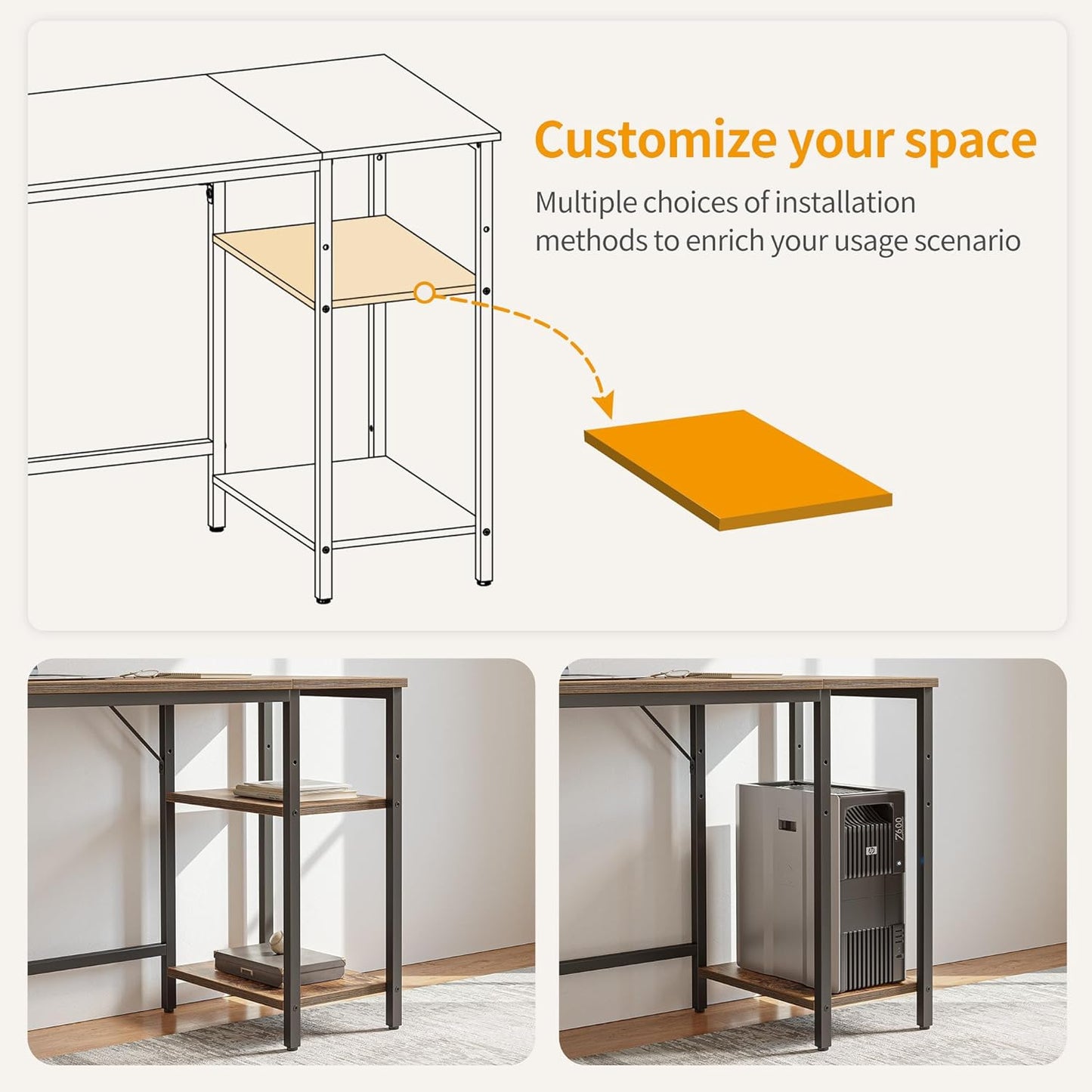 Modern 47-Inch Home Office Desk with Storage Shelves and Splice Board, Brown and Black Finish