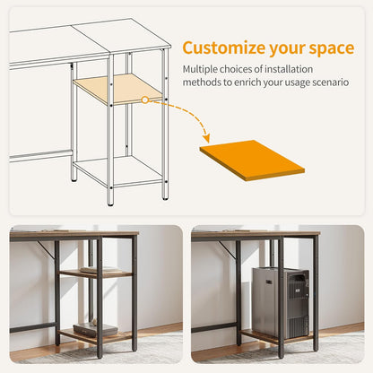Modern 47-Inch Home Office Desk with Storage Shelves and Splice Board, Brown and Black Finish