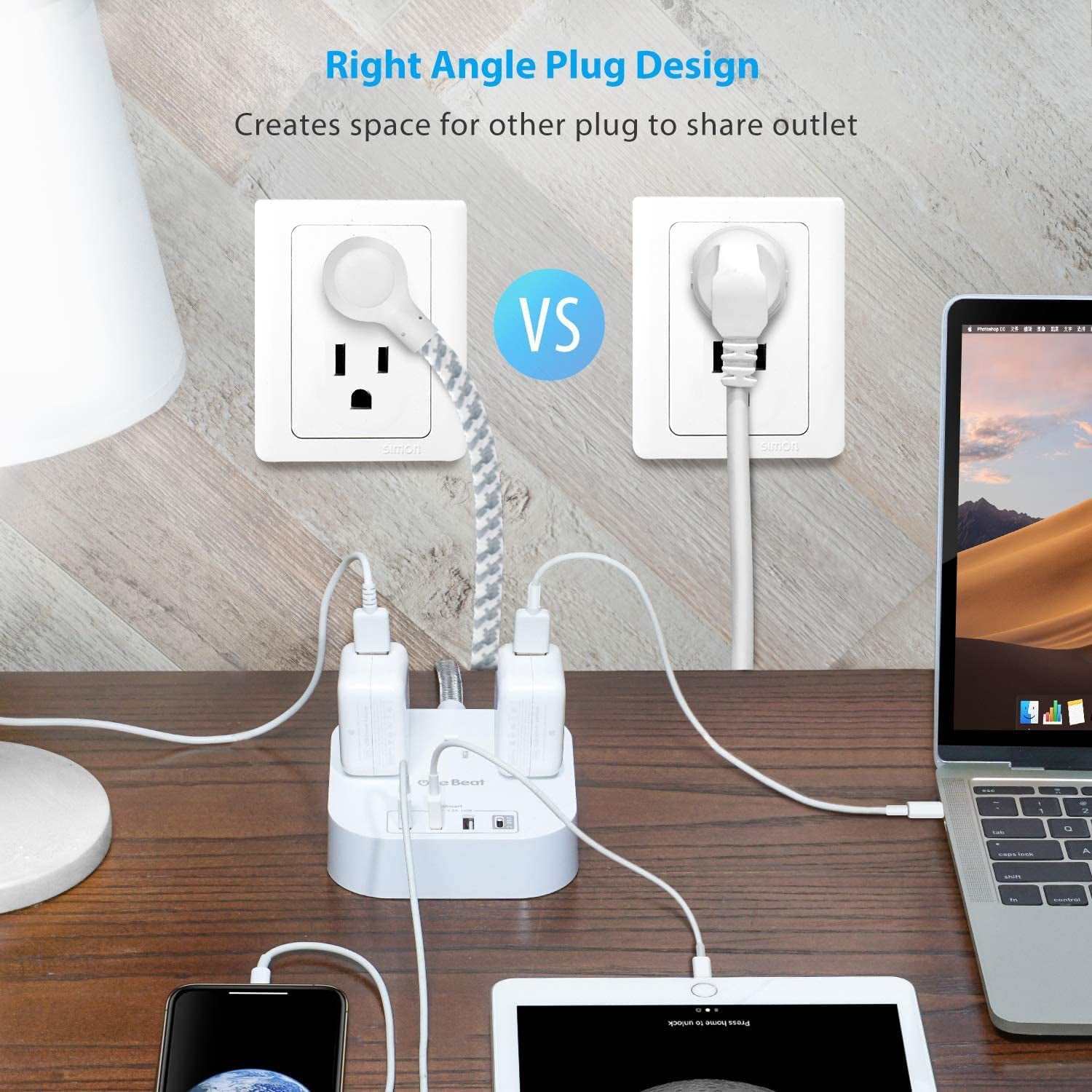 Power Bar Power Strip with USB-C, 3 Outlets and 4 USB Ports, Flat Plug Braided Extension Cord, Non-Surge Protector for Travel and Cruise Ships (5FT)
