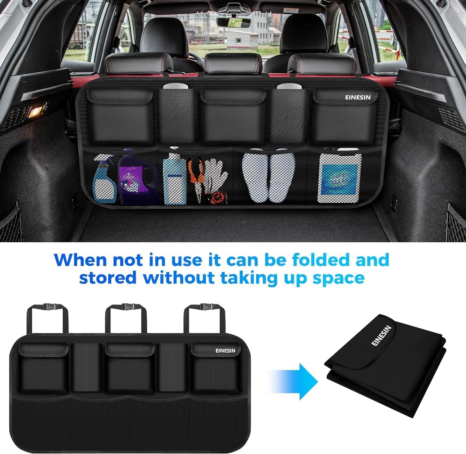 Premium Car Trunk Organizer with 9 Pockets and Durable Elastic Design for SUVs (Black, 42.5 x 20.5 in)