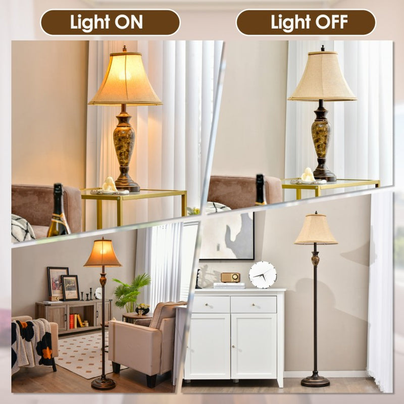 Three-Piece Table and Floor Lamp Set Featuring Linen Fabric Shades