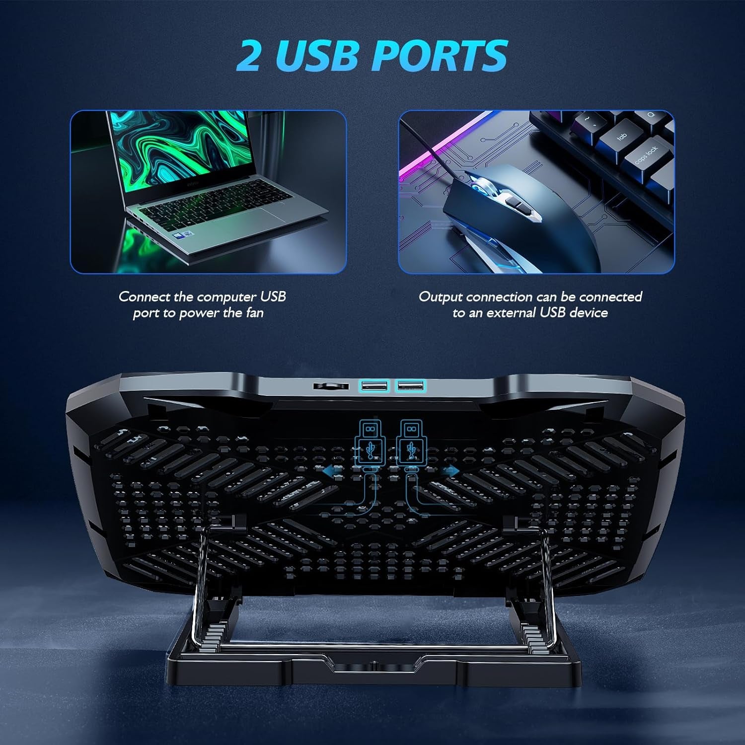 Laptop Cooling Pad for Gaming Laptops, Featuring 5 Quiet Fans, Adjustable Height, Dual USB Ports, and Integrated Phone Stand for 12-15.6 Inch Devices
