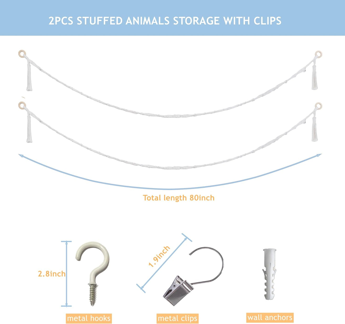 Cotton Stuffed Animal Storage Chain Set - 40 Metal Clips - 80-Inch Wall Organizer
