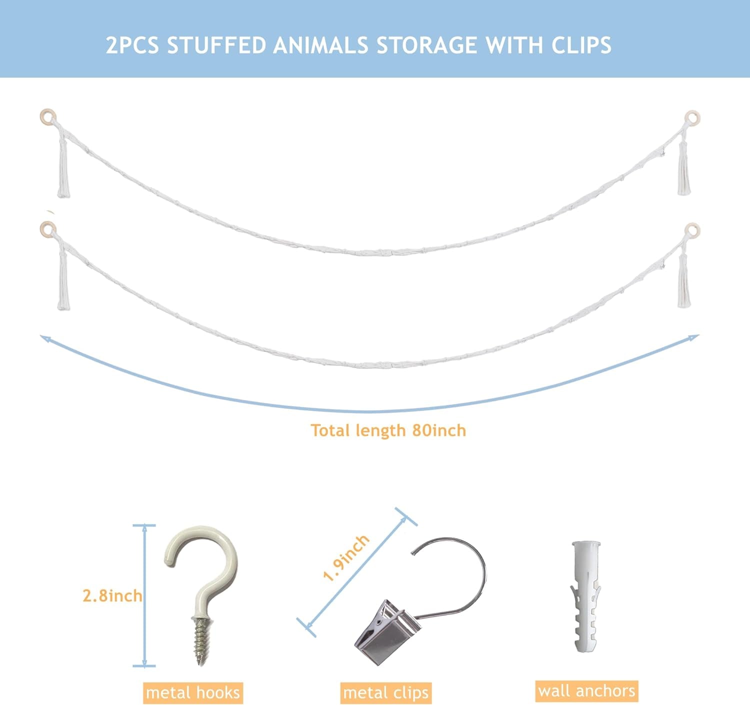Cotton Stuffed Animal Storage Chain Set - 40 Metal Clips - 80-Inch Wall Organizer