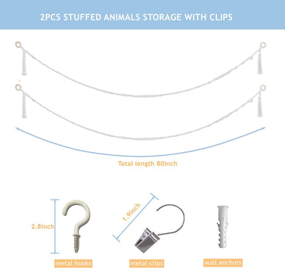 Cotton Stuffed Animal Storage Chain Set - 40 Metal Clips - 80-Inch Wall Organizer