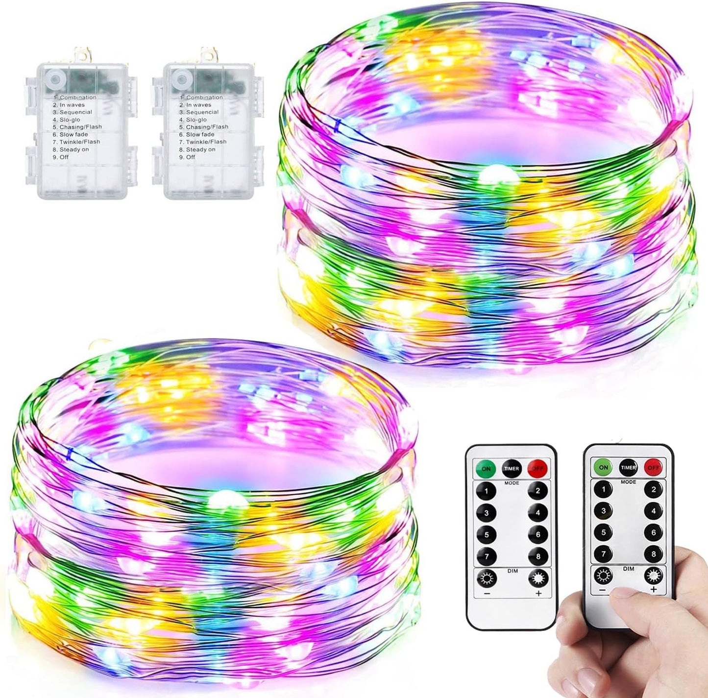 2-Pack Waterproof Battery-Operated Fairy Lights, 66ft with 200 LEDs, Remote Control - 8 Modes and Timer, Copper Wire Twinkle Lights