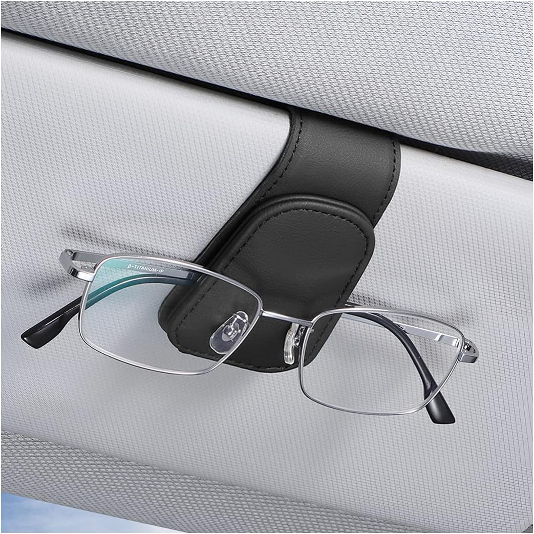 Car Sun Visor Sunglasses Holder, Leather Eyeglasses Hanger with Magnetic Clip - Universal Auto Interior Accessory 