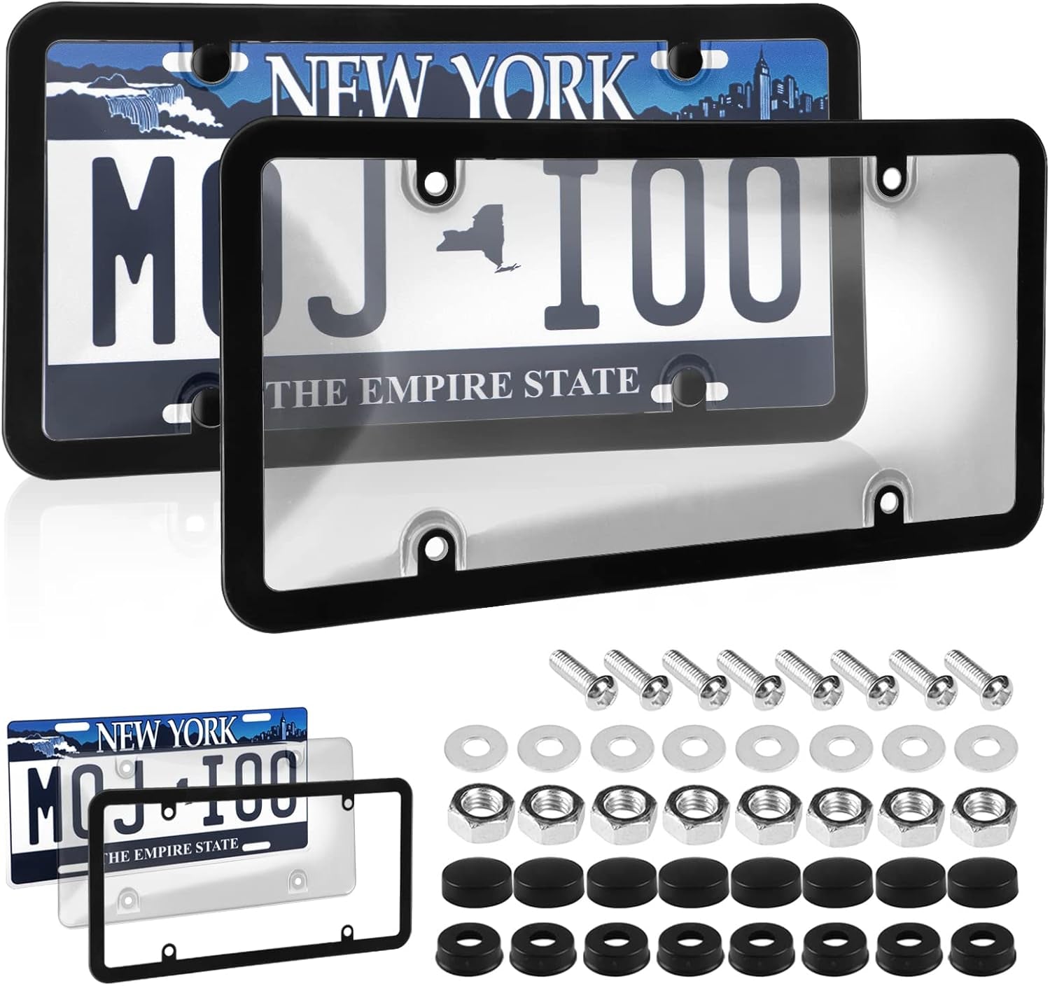 2-Pack Unbreakable Smoked License Plate Covers - Bubble Design - Tinted Frame Shield, Standard US Plates, Screws, Caps