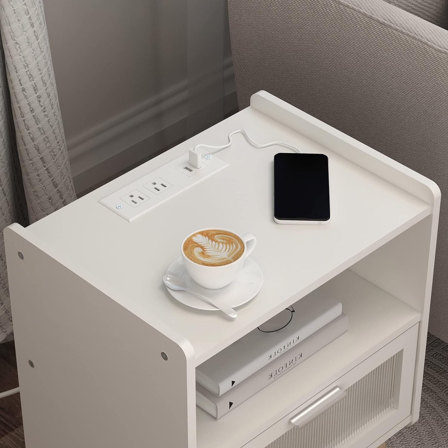 Elegant Nightstand with Integrated Charging Station, Glass-Fronted Decorative Door, and Dual-Tier Storage, White 