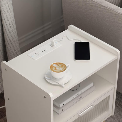 Elegant Nightstand with Integrated Charging Station, Glass-Fronted Decorative Door, and Dual-Tier Storage, White 