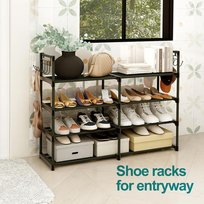 4-Tier Black Metal Shoe Rack with Multifunctional Hooks, Stackable Design for 20 Pairs, Space-Saving Solution for Closets and Showrooms