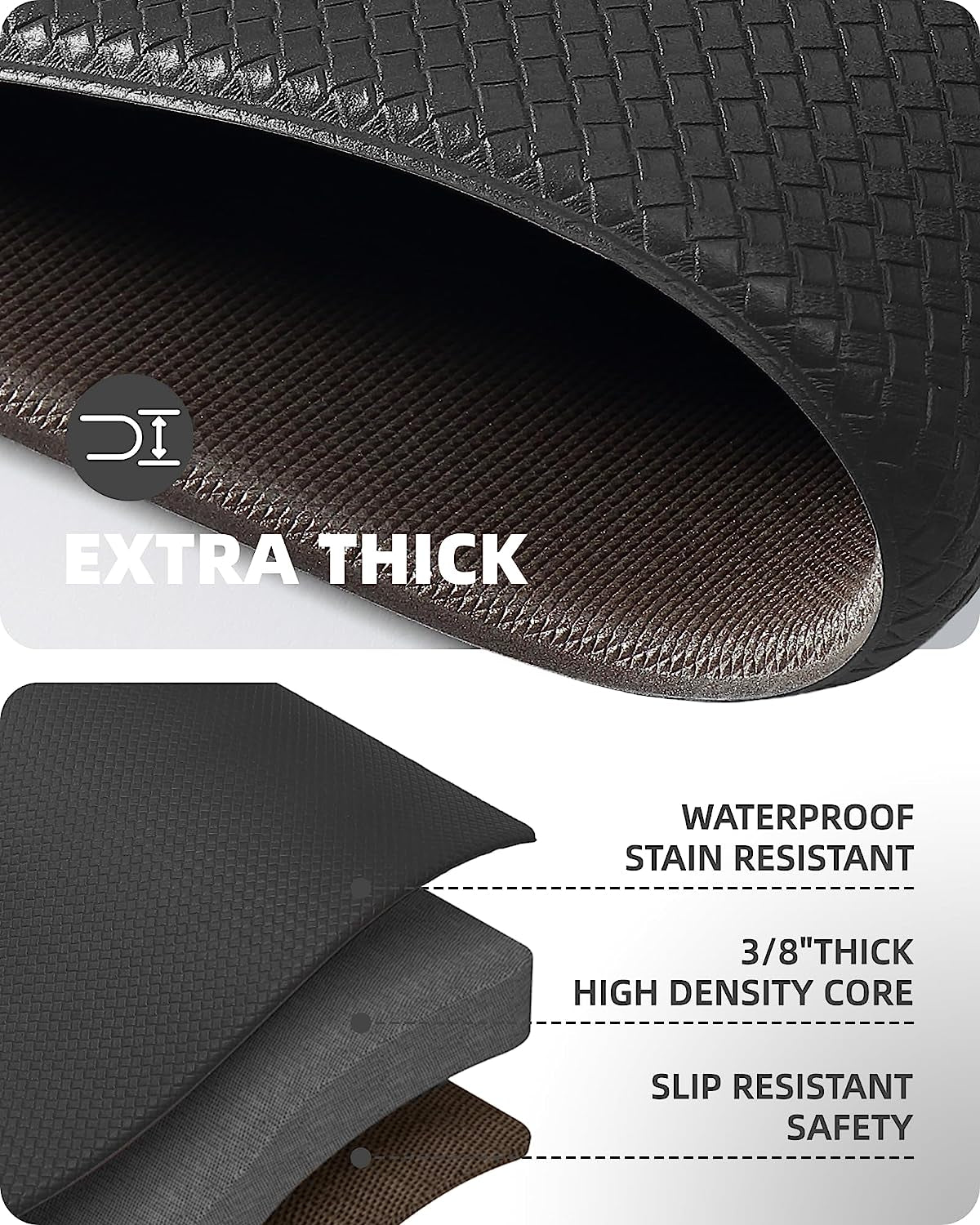 Waterproof Cushioned Anti-Fatigue Kitchen Mat, Non-Slip Rubber Runner, 44x150 cm (17"x59") - Black