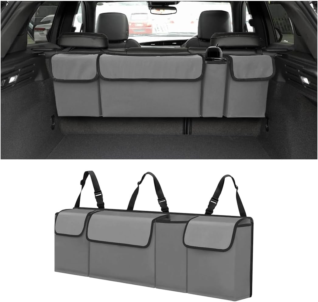 Car Trunk Organizer - Waterproof, Durable Backseat Hanging Cargo Bag with Adjustable Anti-Slip Straps and 4 Pockets (Black)
