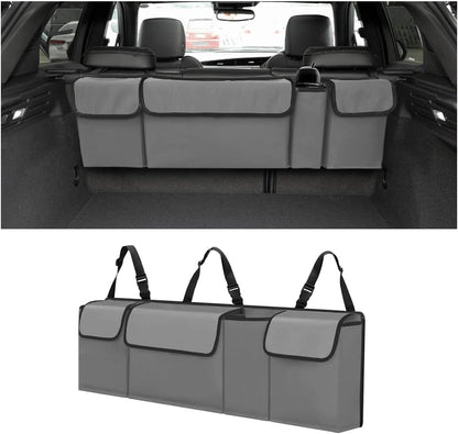 Car Trunk Organizer - Waterproof, Durable Backseat Hanging Cargo Bag with Adjustable Anti-Slip Straps and 4 Pockets (Black)