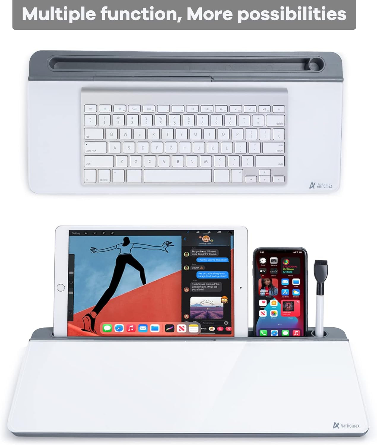Dry Erase Glass Desk Whiteboard with Storage Caddy - Desktop Memo Notepad for Home Office and School (Gray)