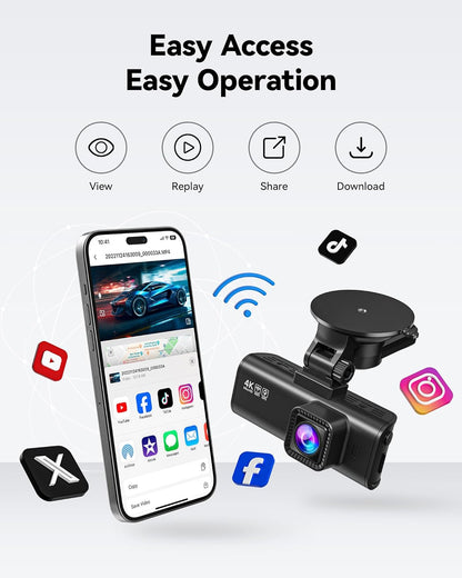 4K/2.5K Full HD Dual Dash Camera for Vehicles with 32GB Card, Built-In Wi-Fi and GPS, 3.18” IPS Display, Night Vision, 170° Wide Angle, WDR, and 24-Hour Parking Mode